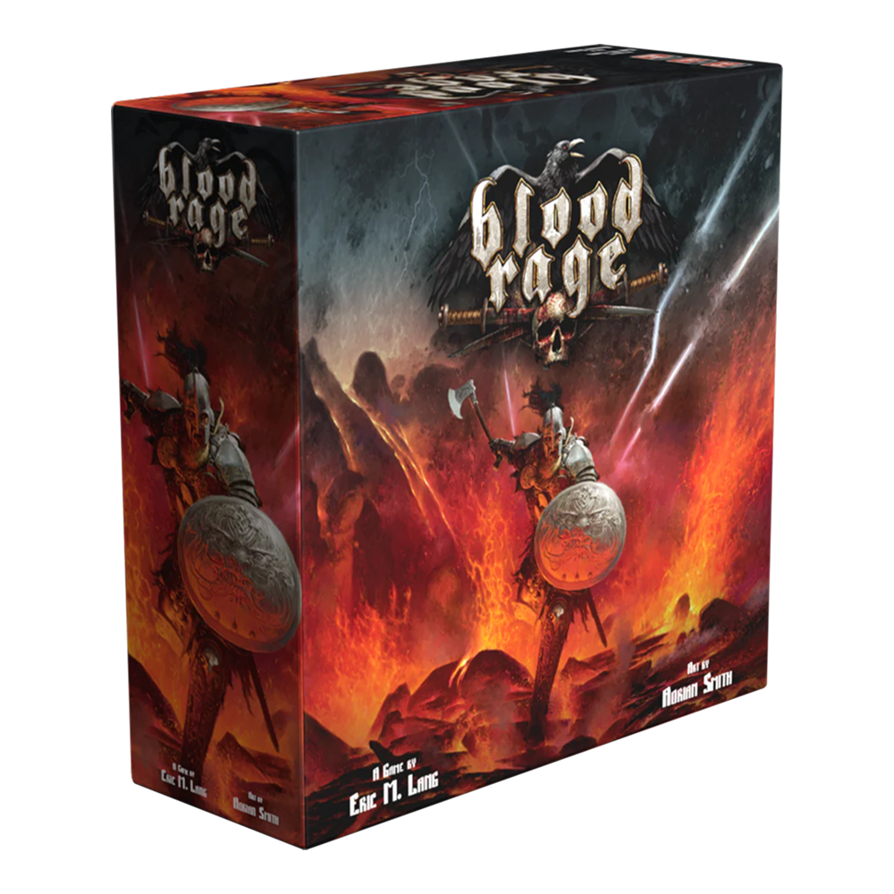 Blood Rage 2. udgave brætspilæske med vikinger og mystisk rødorange tone