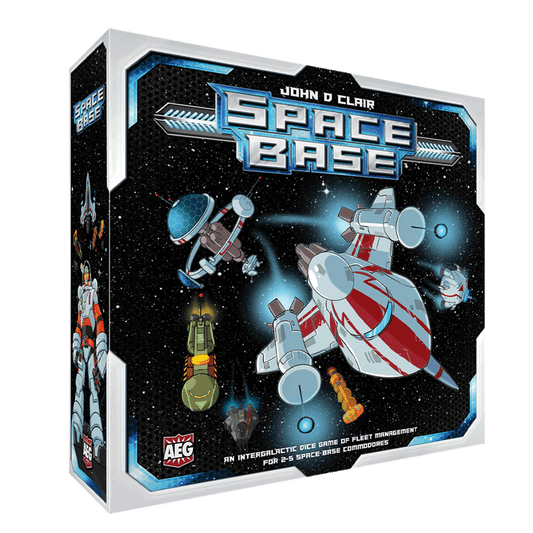 Space Base spilleboks viser rumskibflåde og rumstation
