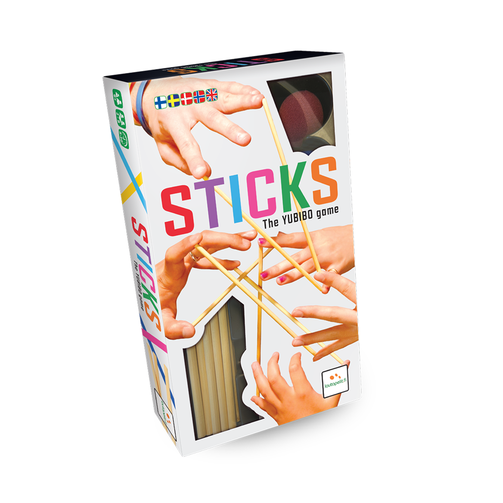 Sticks (YUBIBO) – æske til partyspillet med fotos af hænder, der holder træpinde mellem fingrene