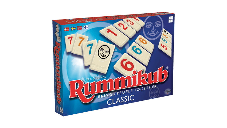 Rummikub klassisk brætspil - boks med nummererede fliser og stativer