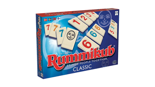 Rummikub klassisk brætspil - boks med nummererede fliser og stativer