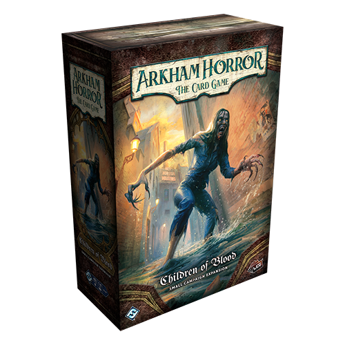 Arkham Horror: The Card Game – Children of Blood – æske til udvidelsen med et monster med lange kløer, der farer frem i en mørk gyde oplyst af gaslygter
