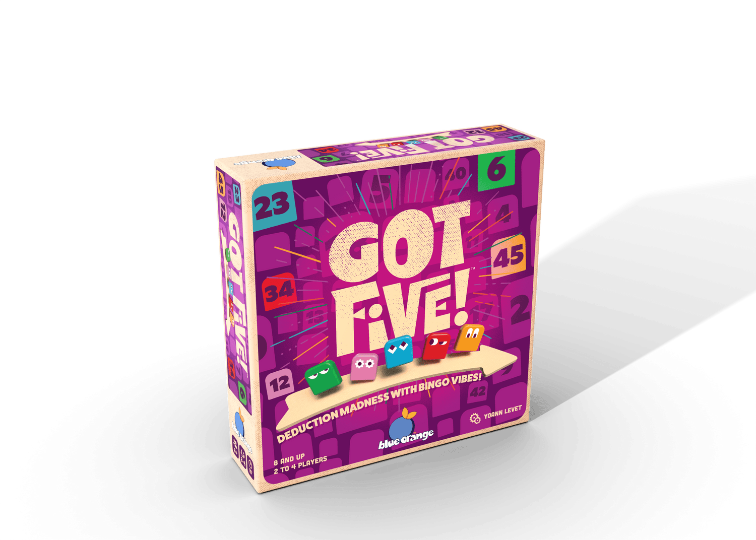 Got Five! – spilæske med lilla forside, sjove figurbrikker og tal