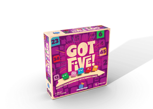 Got Five! – spilæske med lilla forside, sjove figurbrikker og tal