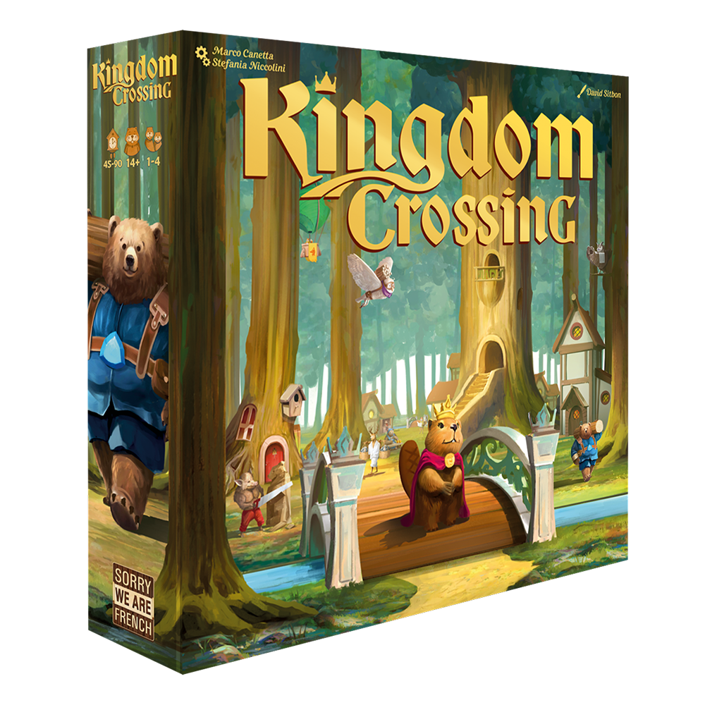 Kingdom Crossing brætspil æske med kronet bæverkonge på træstammebro og bjørn i blå frakke i eventyrskov