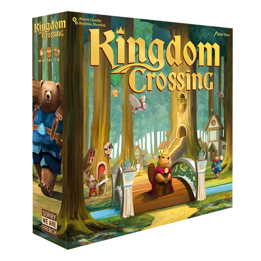 Kingdom Crossing brætspil æske med kronet bæverkonge på træstammebro og bjørn i blå frakke i eventyrskov